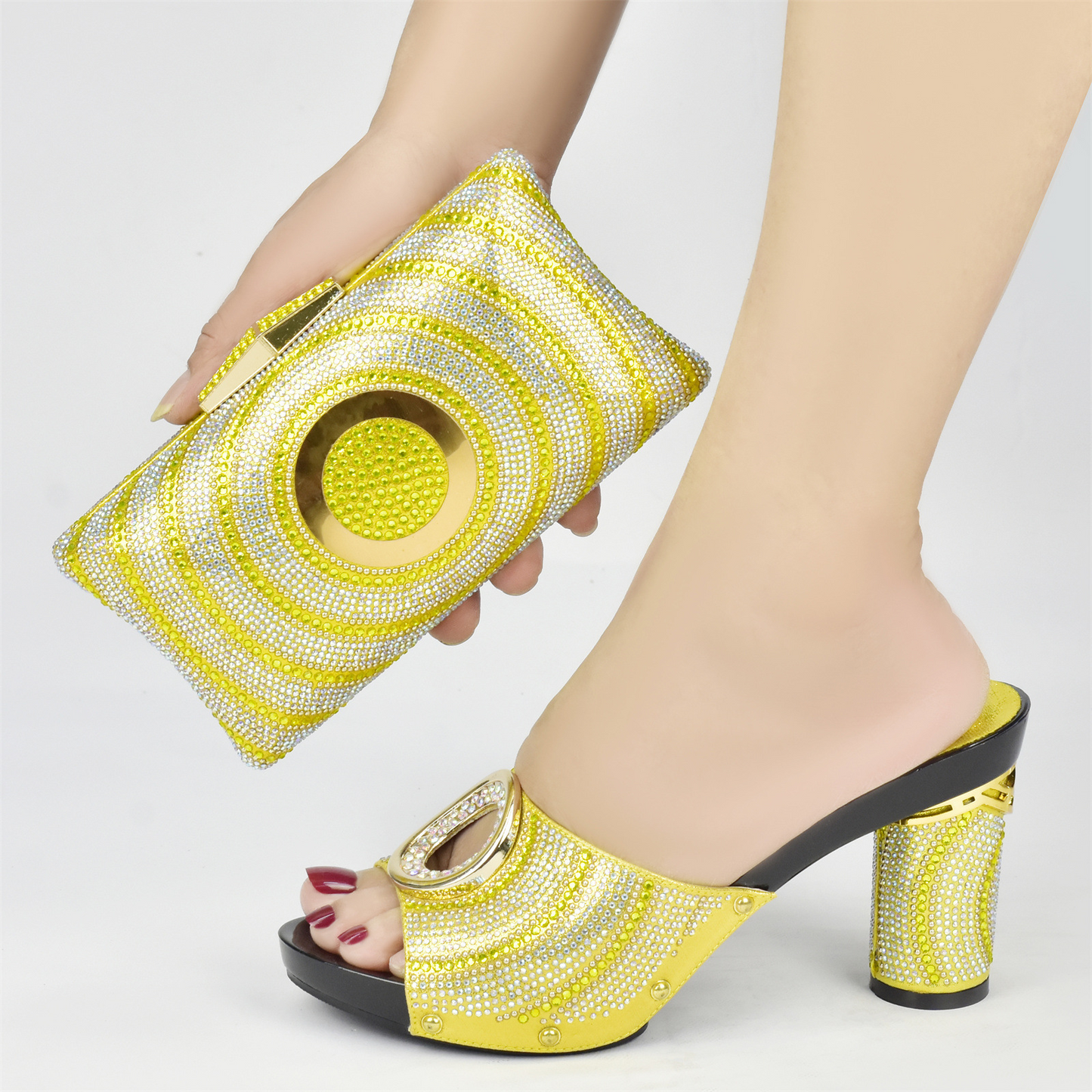 Crystal Sequined Chunky Heel Sandals With Matching Bag