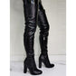 PU Leather Black Sky High Chunky Heel Over The Knee Boots