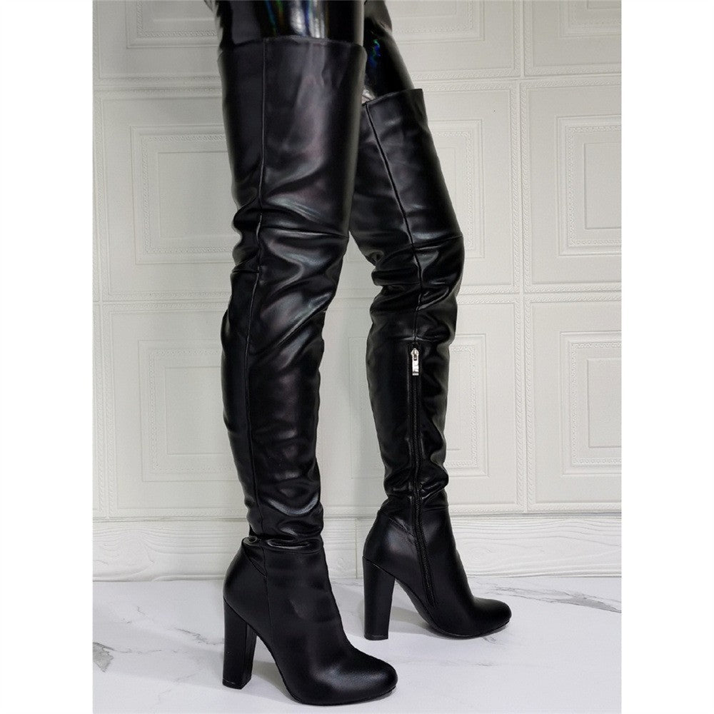 Women Thigh High Boots PU Leather Black Sky High Chunky Heel Over The Knee Boots