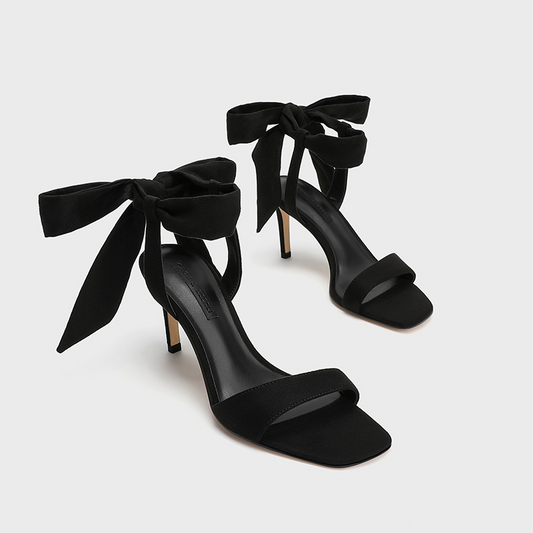 Black Bow Detail Open Toe Heels