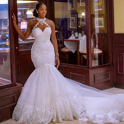 High Neck Tulle Court Train Mermaid Wedding Dress With Beading