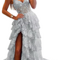 Applique Lace V-neck Tulle Sweep Train Prom Dress