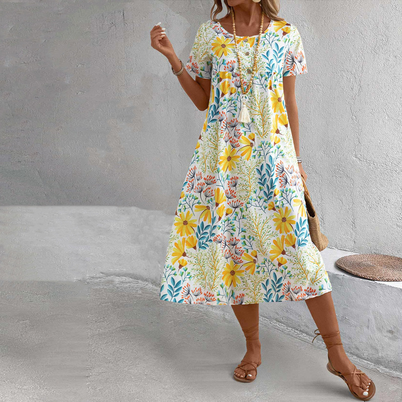 Yellow Floral Printed A Line Short Sleeves Dress