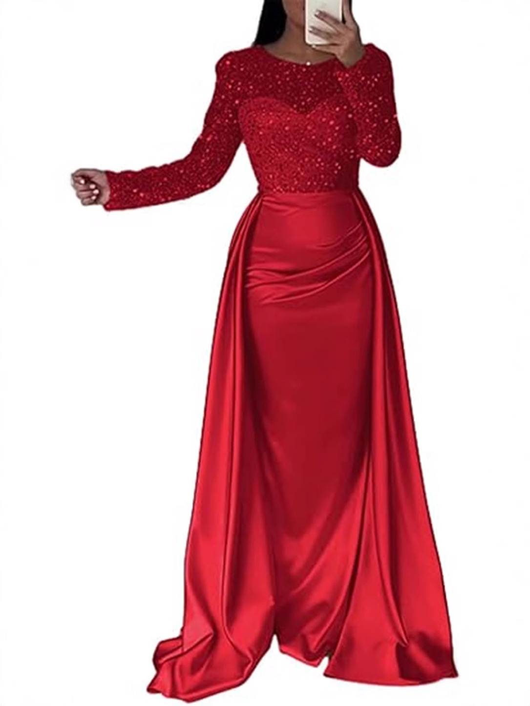 Sparkly Sequined Long Sleeves Satin Prom Dress