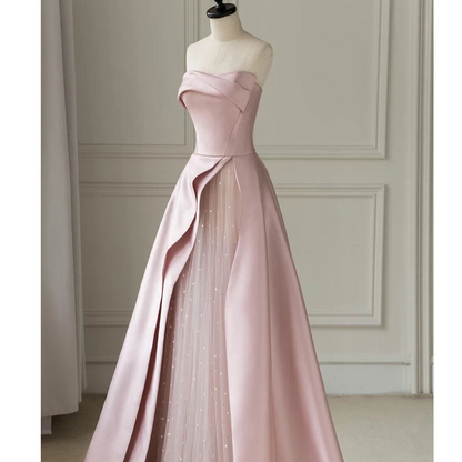 A-Line Strapless Sleeveless Floor-Length Satin Prom Dress