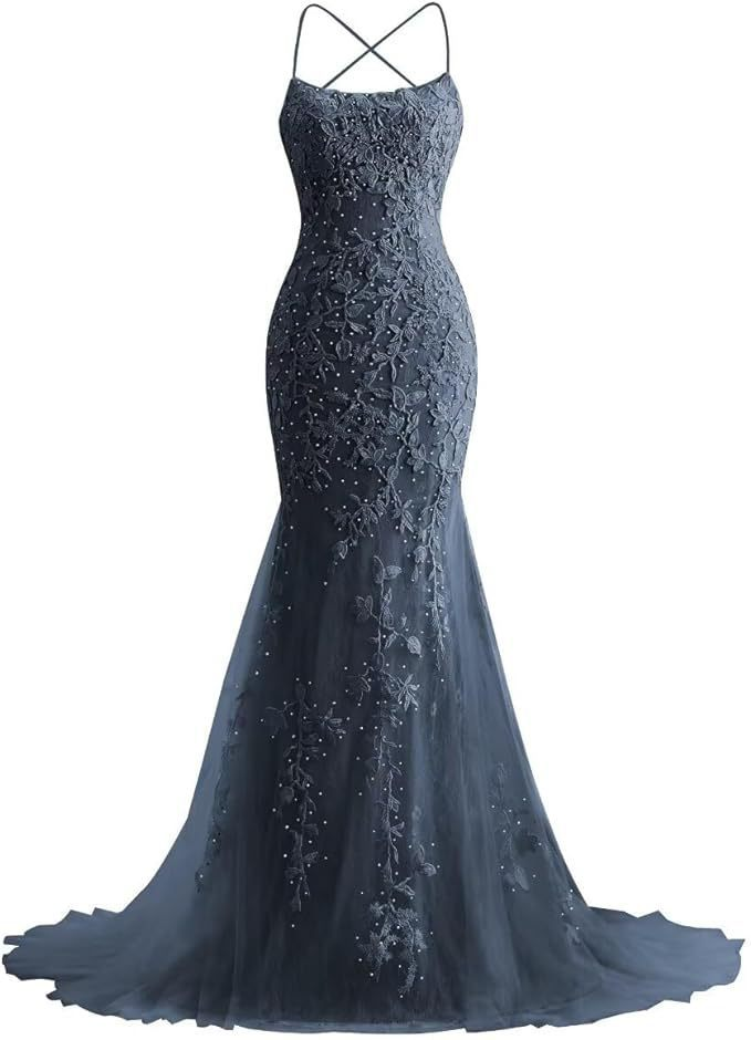 Lace Applique Backless Evening Dress