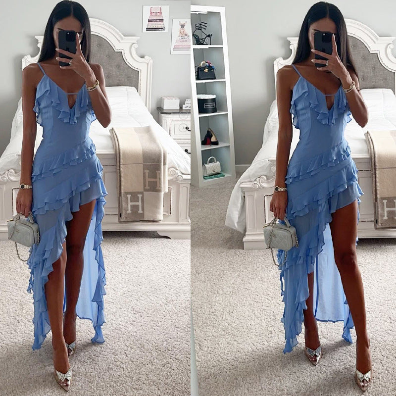 Can't Escape Love Chiffon Layered Ruffle Irregular Slit Maxi Dress