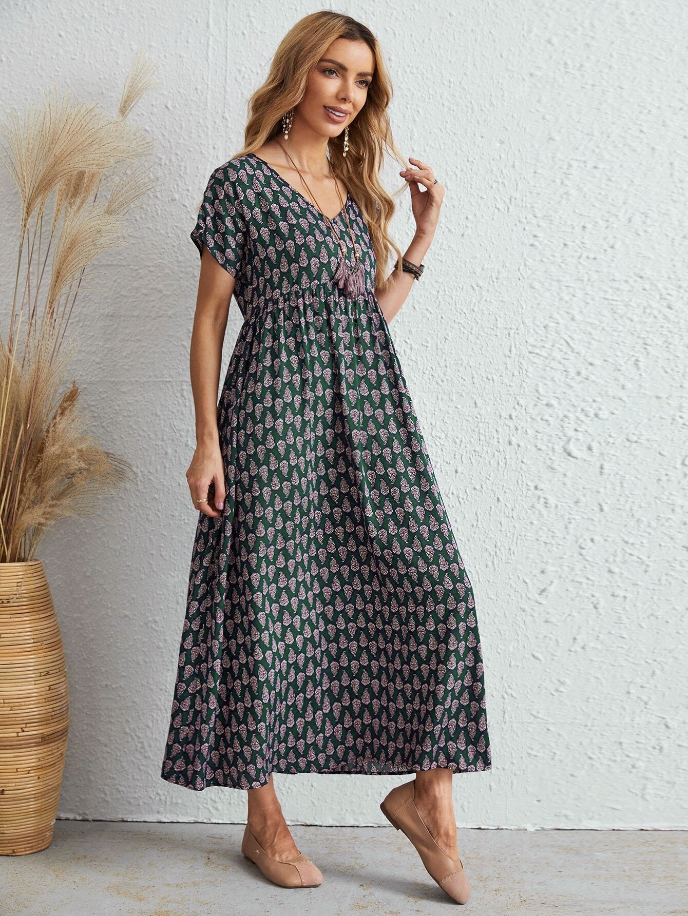 Printed V Neck Short Sleeves A-Line Dress