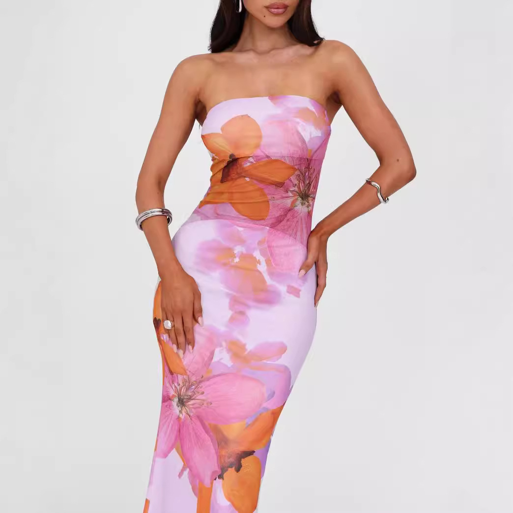 Pink Strapless Sleeveless Floral Print Maxi Dress