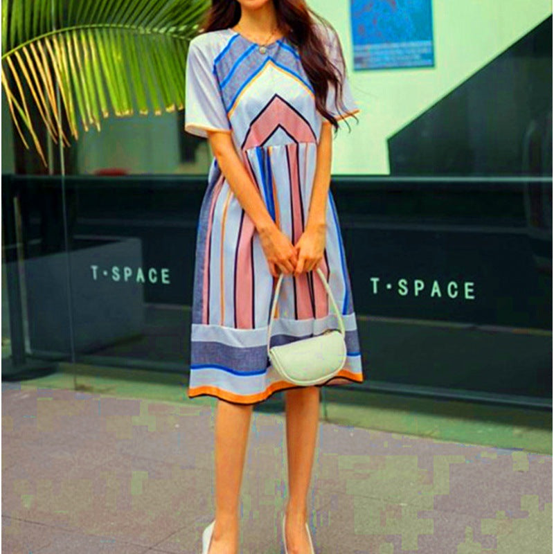 Graceful Striped Round Neck Short Sleeve Mini Dress