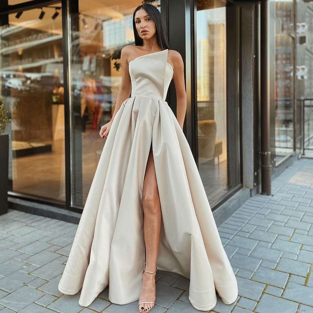 Satin Ruffles One-Shoulder Sleeveless Floor-Length Dress