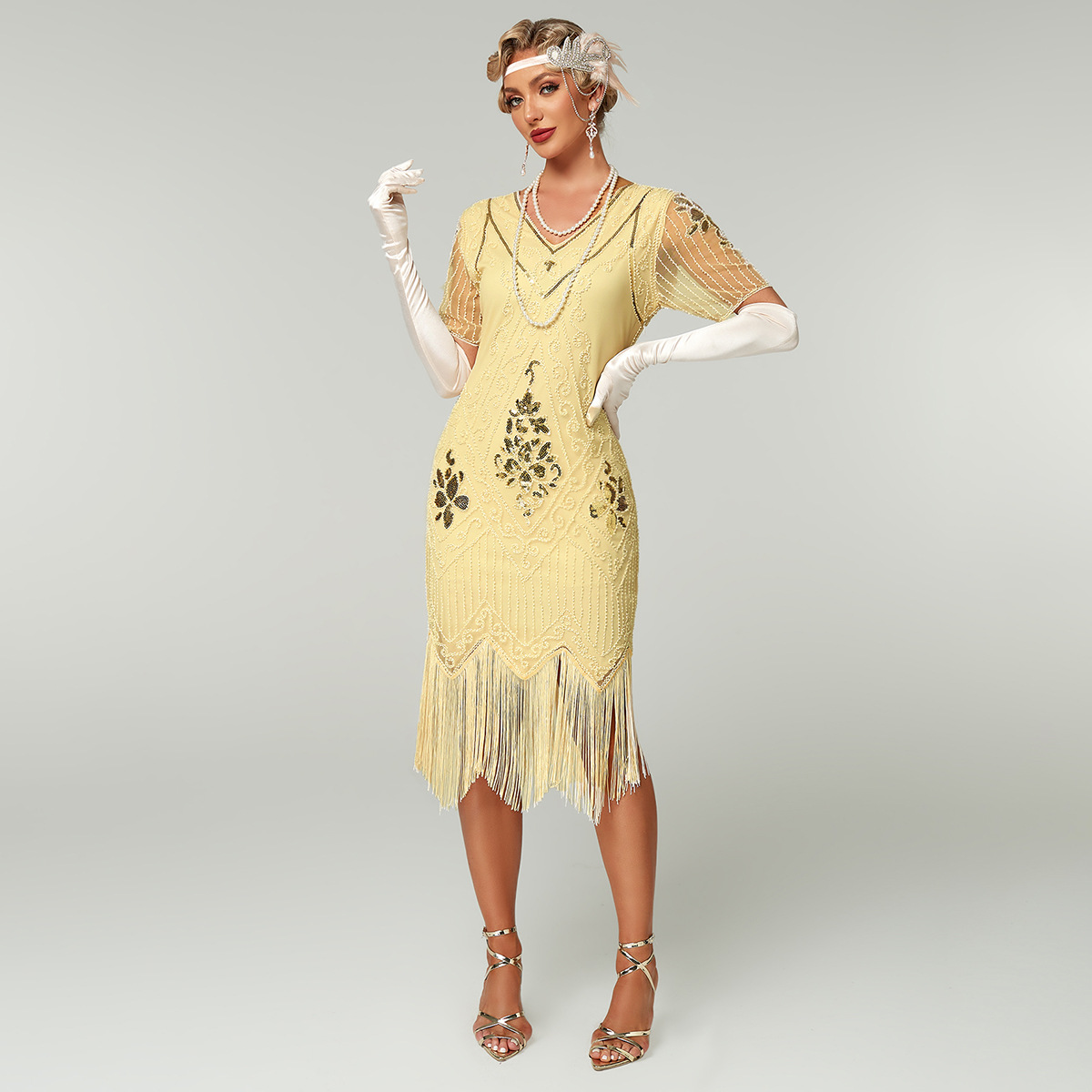 Sequin Short Sleeves Fringe Flapper Dress