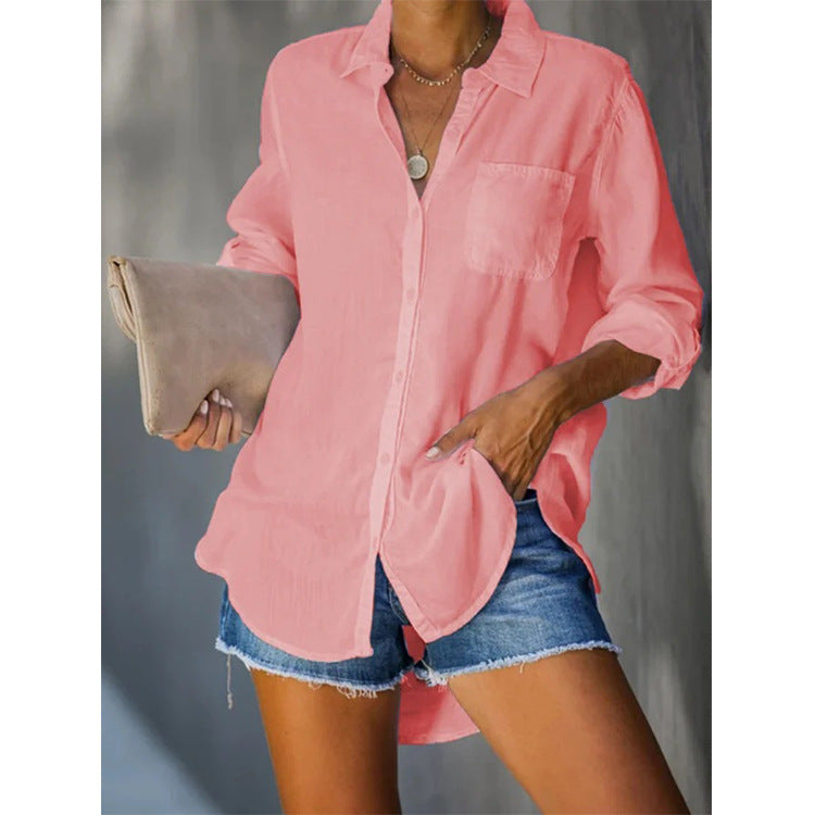 Basic Collar Pocket Holiday Solid Cotton Blouse Shirt