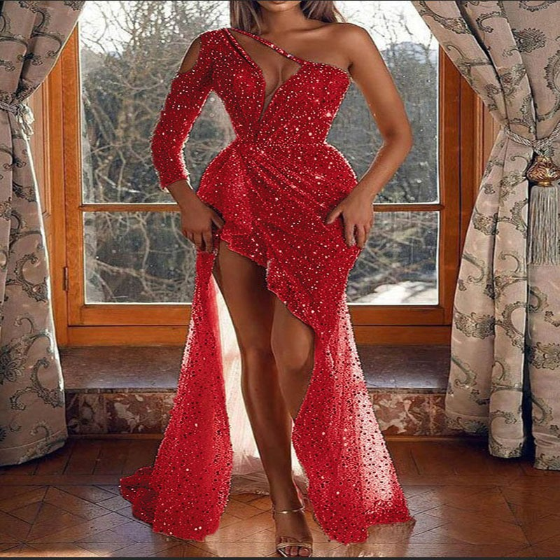 A-Line One-Shoulder Long Sleeves Prom Dress