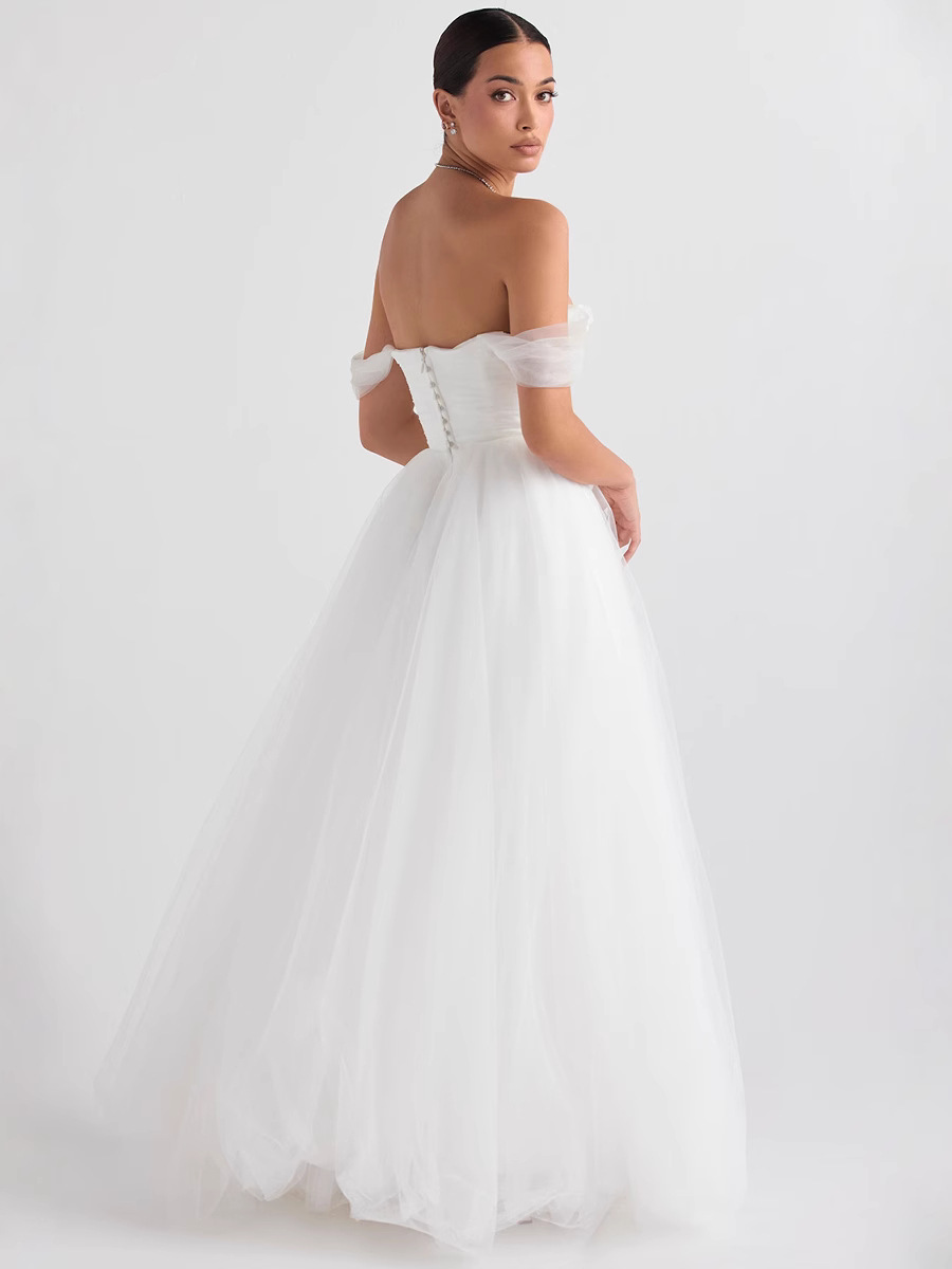 Simple White Off-Shoulder V Neck Wedding Dress