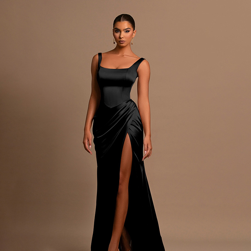 Square Neckline Ruched Wasit Prom Dress With High Slit