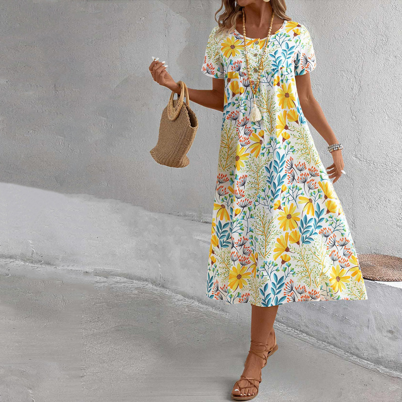 Yellow Floral Printed A Line Short Sleeves Dress