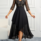 Black Lace V Neck Long Sleeves Midi Dress