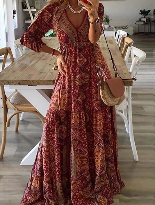 Casual V Neck Long Sleeves Printed Dress