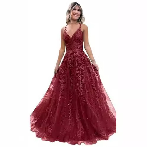 V-neck Tulle Glitter Appliques Lace Prom Dress