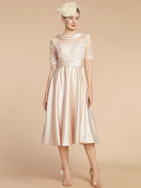 Mother of the groom/bride Boat Neck Satin Lace Elegant Dress