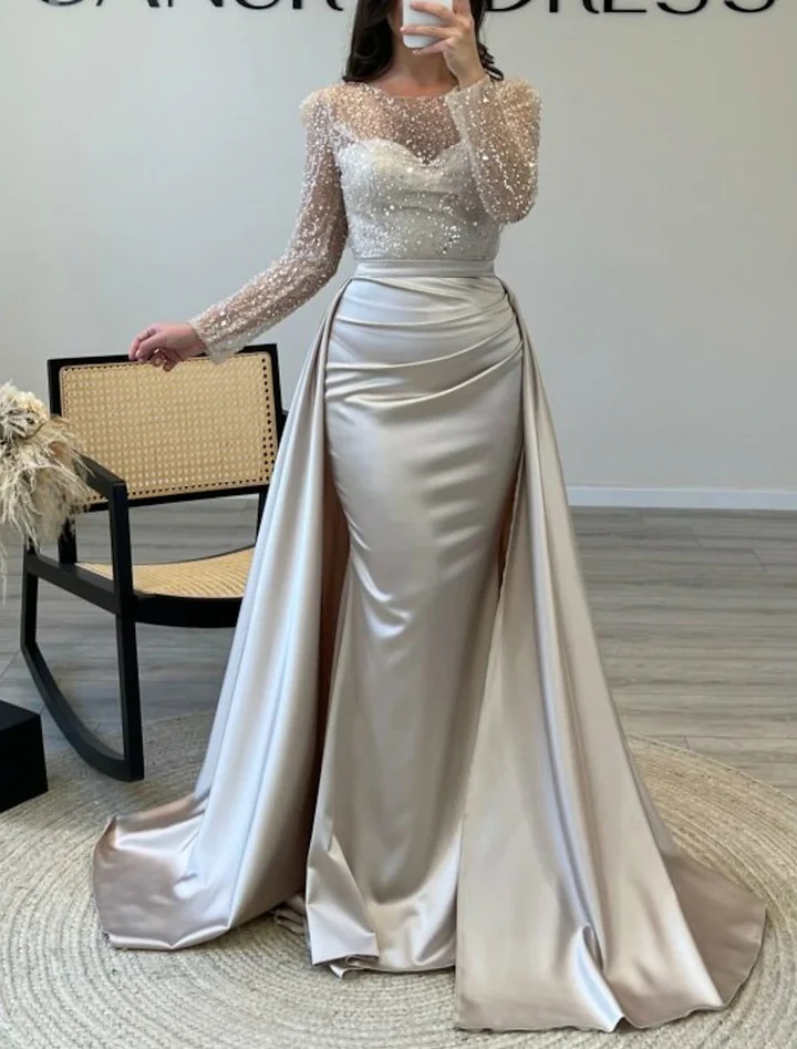 Sparkly Sequined Long Sleeves Satin Prom Dress