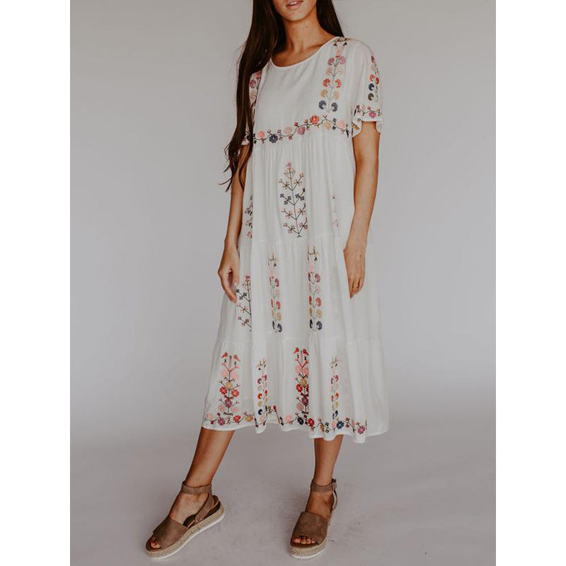 Round Neck Short Sleeves Floral Embroidered Elegant Midi Dress