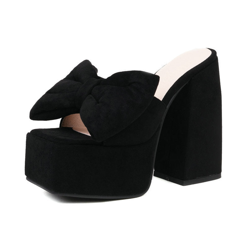 Big Bow Platform Mules Chunky Heel Slip On Sandals