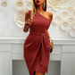 Oblique Shoulder Knotted Waist Mini Dress