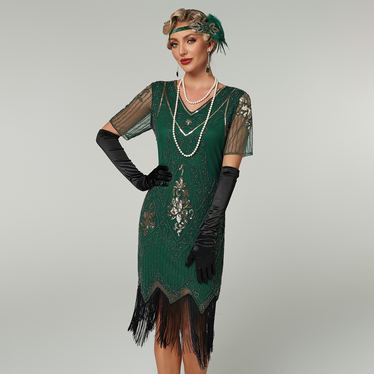 Sequin Short Sleeves Fringe Flapper Dress