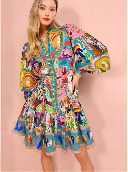 Unique Print Balloon Sleeve Button Shirt Mini Dress