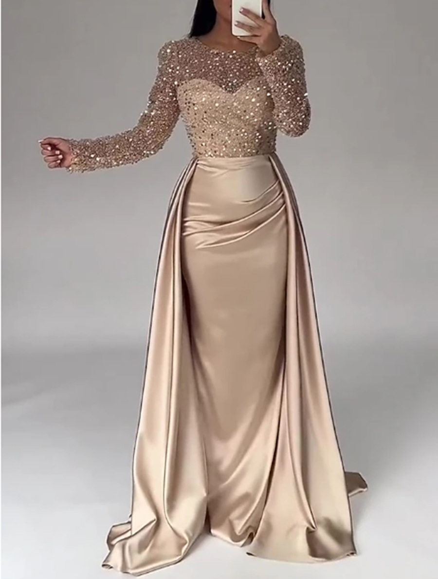 Sparkly Sequined Long Sleeves Satin Prom Dress