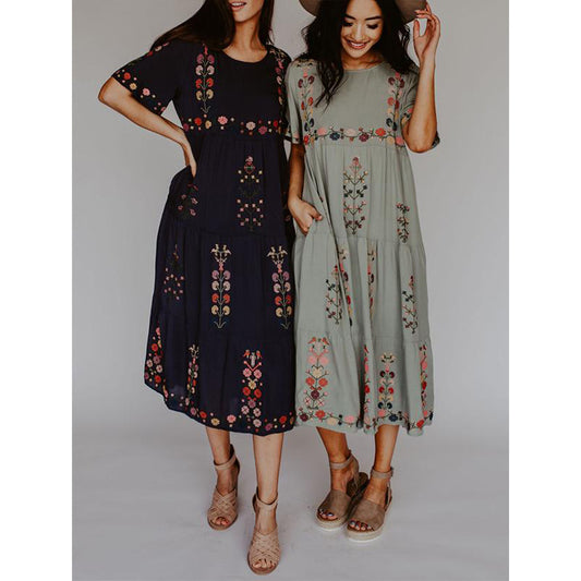 Round Neck Short Sleeves Floral Embroidered Elegant Midi Dress