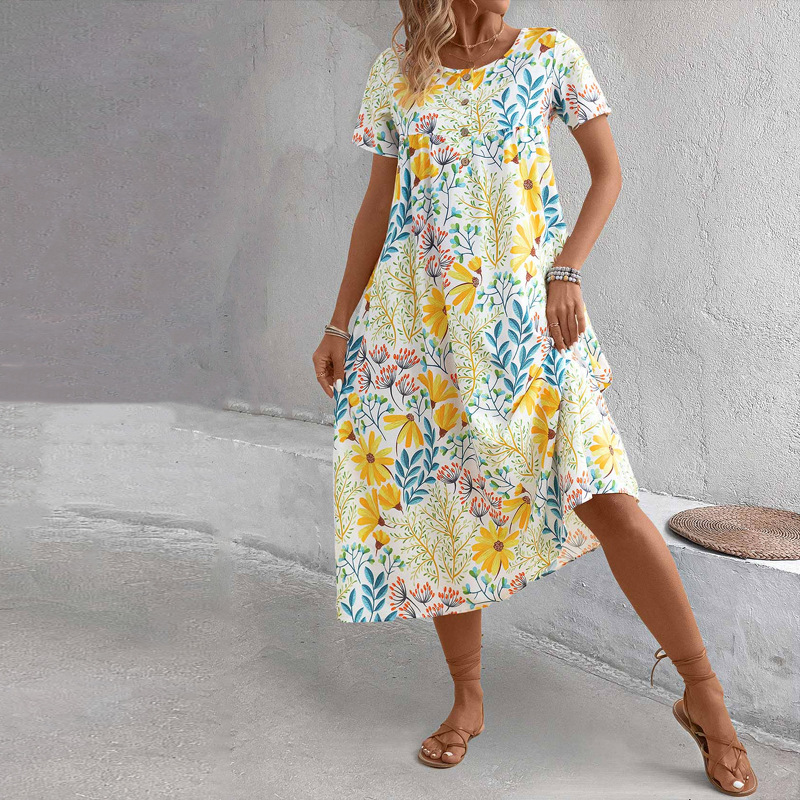 Yellow Floral Printed A Line Short Sleeves Dress