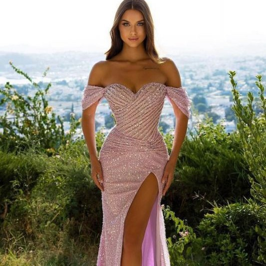 Off-the-Shoulder Sequins Split Mermaid Prom Dress