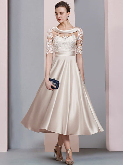 Mother of the groom/bride Boat Neck Satin Lace Elegant Dress