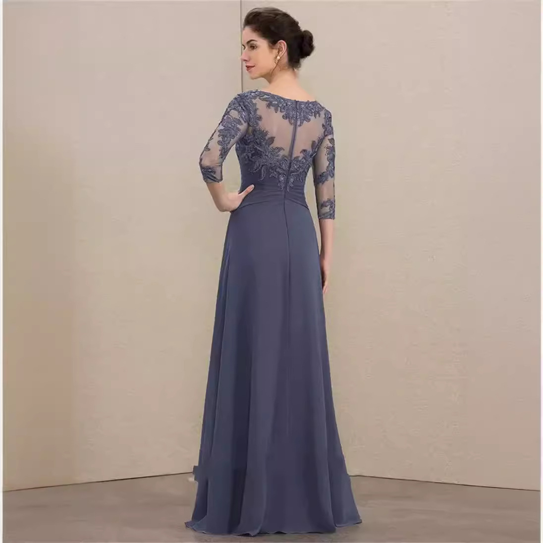 Half Sleeves Appliques Chiffon Floor-length Mother Of The Bride Dress