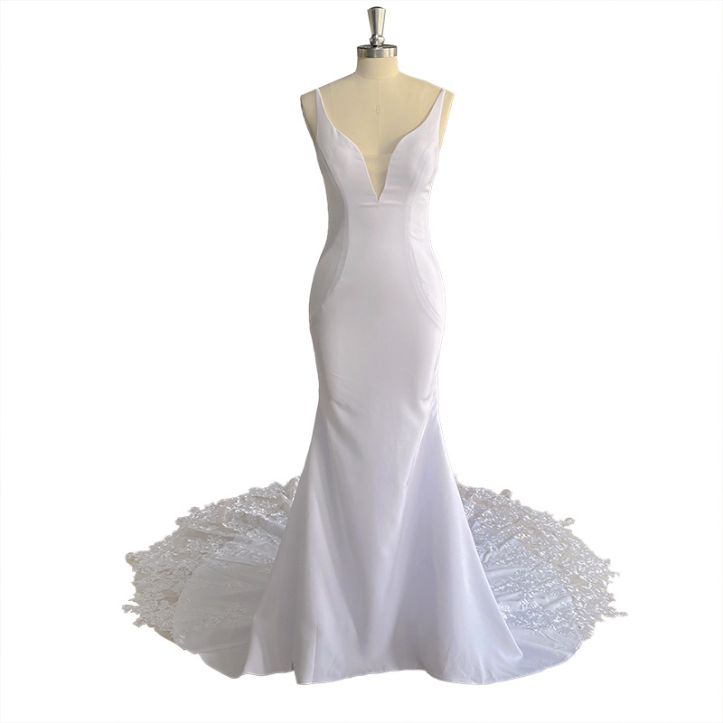 Deep V Neck Sleeveless Long Wedding Dress