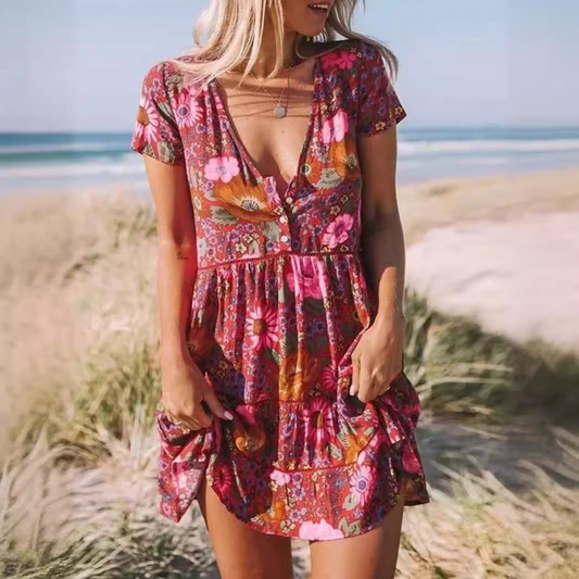 Boho Daisy Floral Print Mini Dress