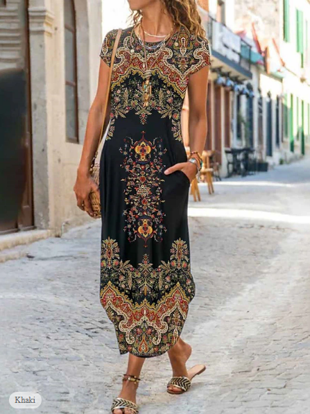 Vintage Floral Print Crew Neck Maxi Long Dress