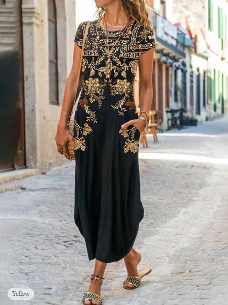 Vintage Floral Print Crew Neck Maxi Long Dress