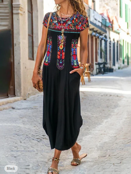 Vintage Floral Print Crew Neck Maxi Long Dress