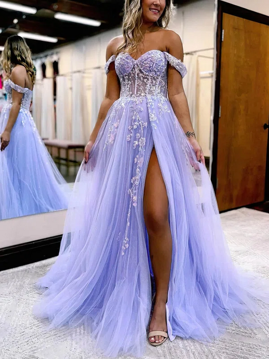 Sweep Train Off-the-shoulder Glitter Appliques Lace Prom Dress