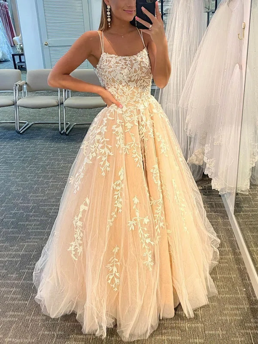 Appliques Lace Scoop Neck Tulle Sweep Train  Prom Dress