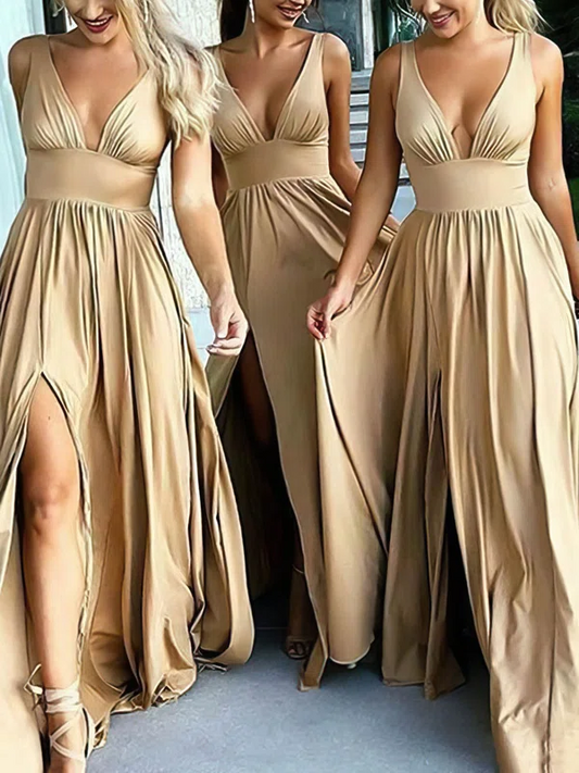 A-line V-neck Sweep Train Split Front Bridesmaid Dress