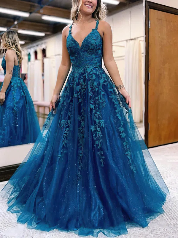 V-neck Tulle Glitter Appliques Lace Prom Dress