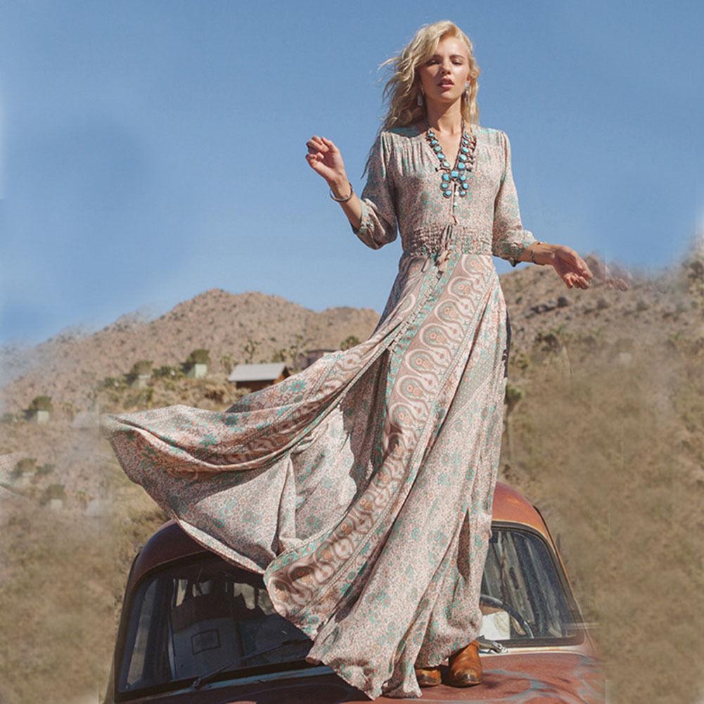 Beige Boho Floral Print Long Dress