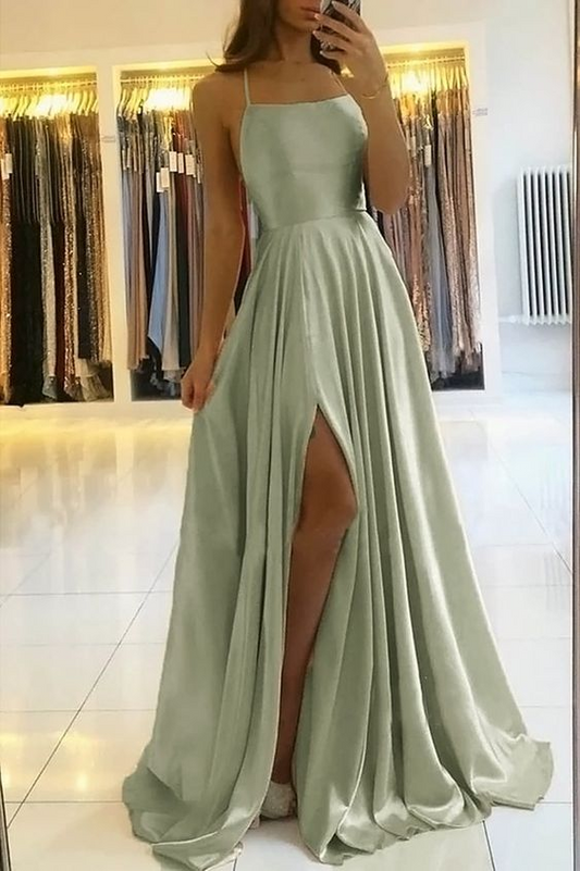 Spaghetti Strap Front Slit Long Bridesmaid Dress