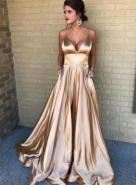 Simple A Line V Neck Long Prom Dress