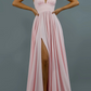 Pink Simple V Neck Long Slit Prom Dress